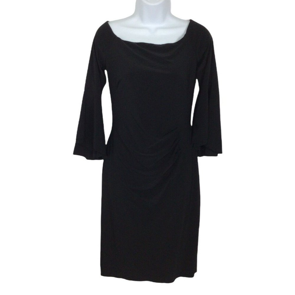 Lauren Ralph Lauren Black Fitted Midi Dress Sz 2 Ruched Side Bell Sleeves Lined